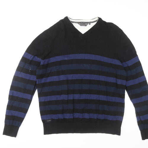 Dissident Men's 2XL Black Blue Striped V-Neck Jumper