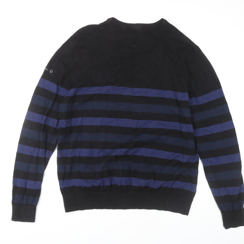 Dissident Men's 2XL Black Blue Striped V-Neck Jumper