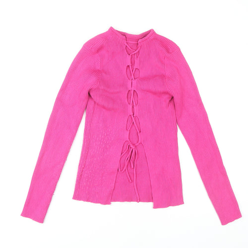 MISSPAP Women's Pink Knit Lace Up High Neck Top L-XL