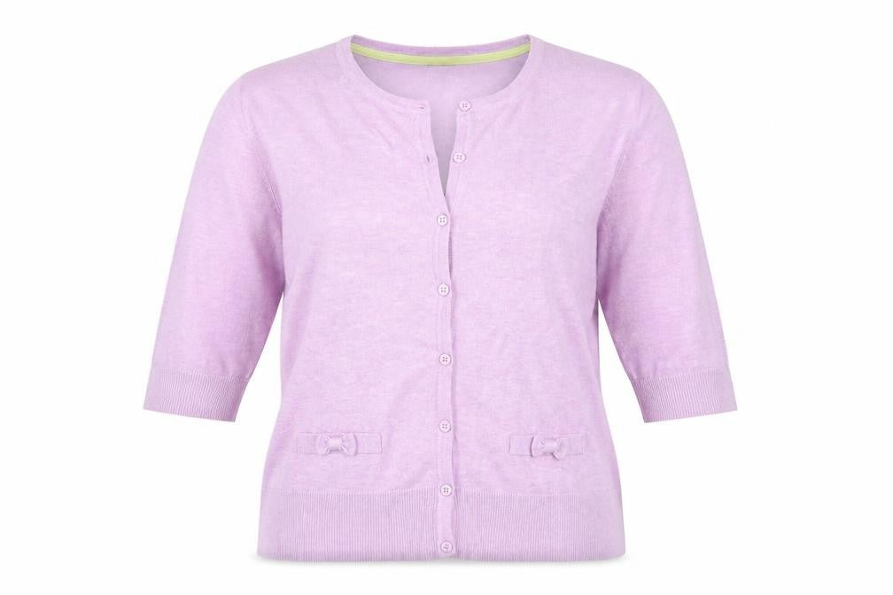 Front view of M&Co Women's Purple Cardigan, size 16, Bow Accents