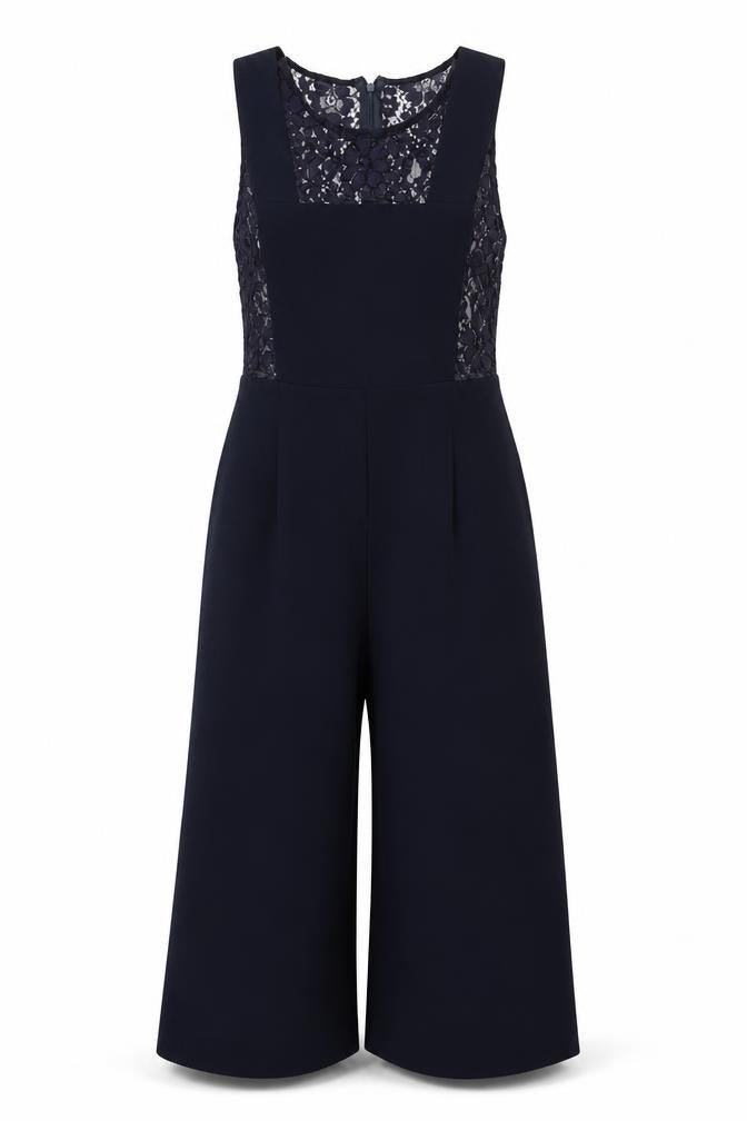 Front view of Jaspal Women's Blue Lace Jumpsuit M Formal Evening