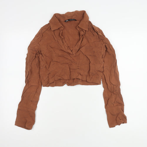 Zara Women's Cropped Brown Long Sleeve Collared Top