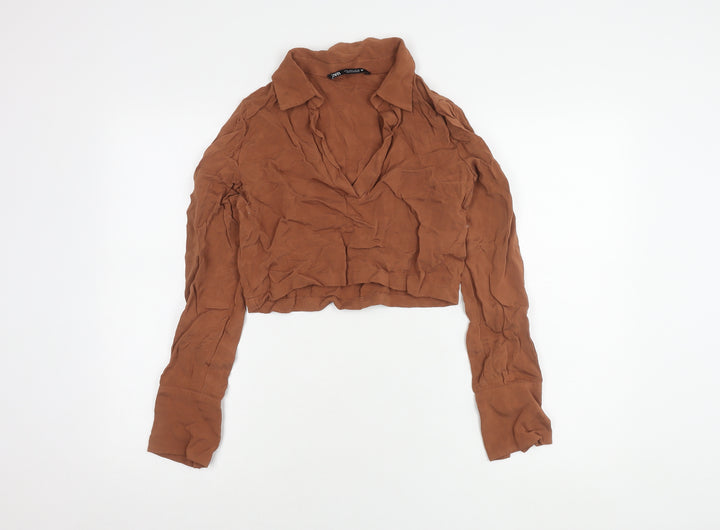 Zara Women's Cropped Brown Long Sleeve Collared Top