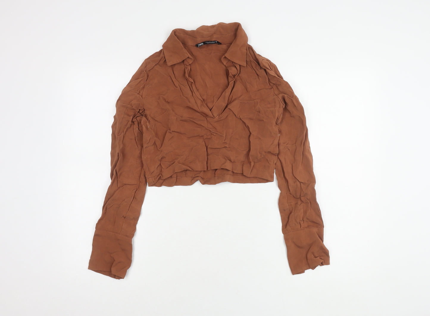 Zara Women's Cropped Brown Long Sleeve Collared Top