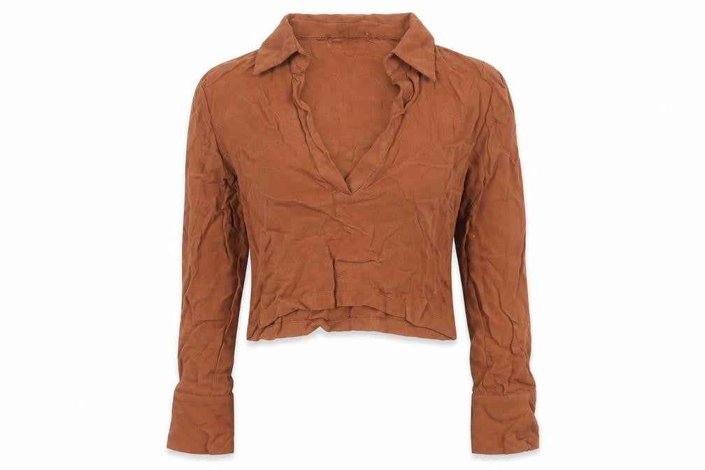 Front view of Zara Women's Cropped Brown Long Sleeve Collared Top
