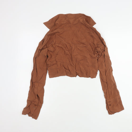 Zara Women's Cropped Brown Long Sleeve Collared Top