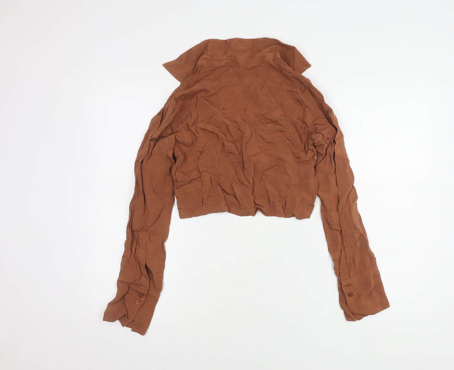 Zara Women's Cropped Brown Long Sleeve Collared Top