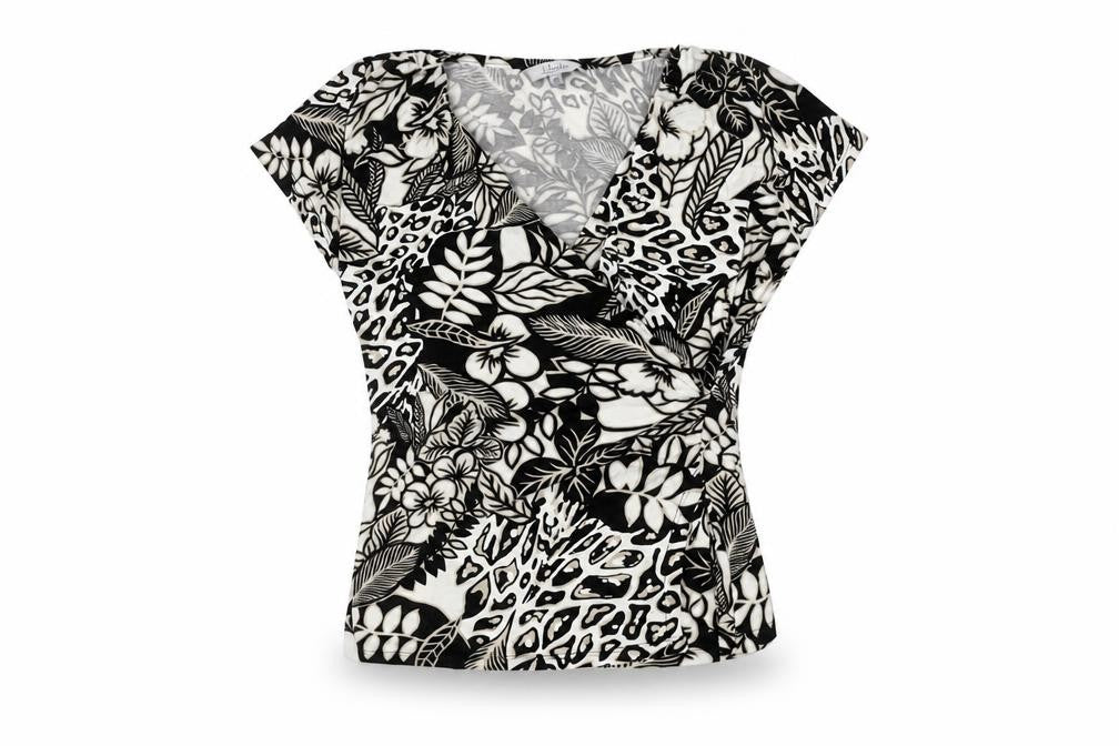 Front view of J. Taylor Women’s Multicoloured Wrap Top, size UK 14, Short Sleeve