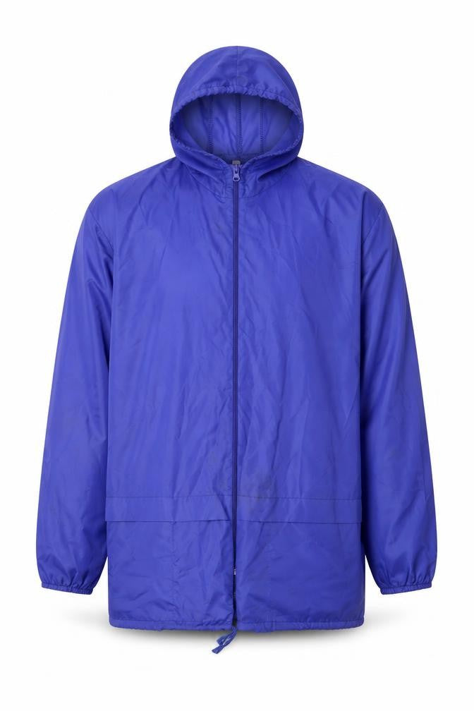 Front view of Protection Men's Blue Hooded Windbreaker Jacket, size M