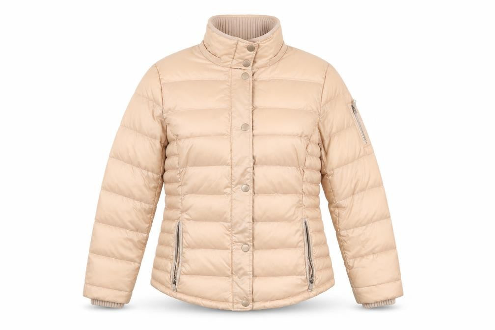 Front view of ESPRIT Women's Beige Puffer Jacket, size 14, Winter Ready