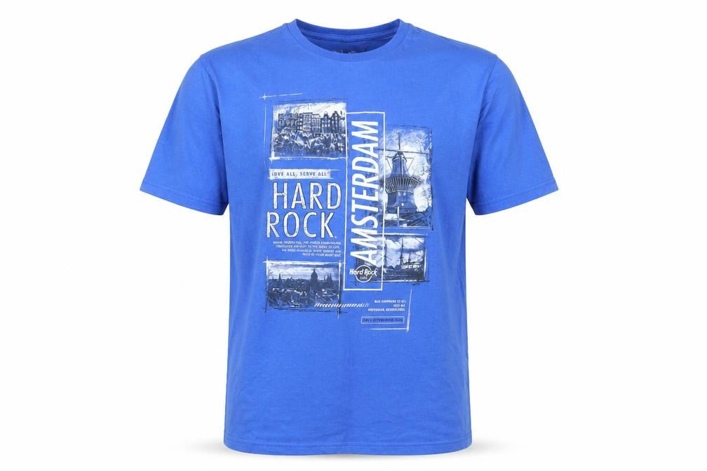 Front view of Hard Rock Men Blue Amsterdam Graphic T-Shirt, size L