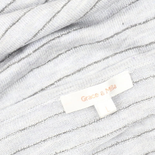 Grace & Mila Women's Grey Striped V-Neck T-Shirt L