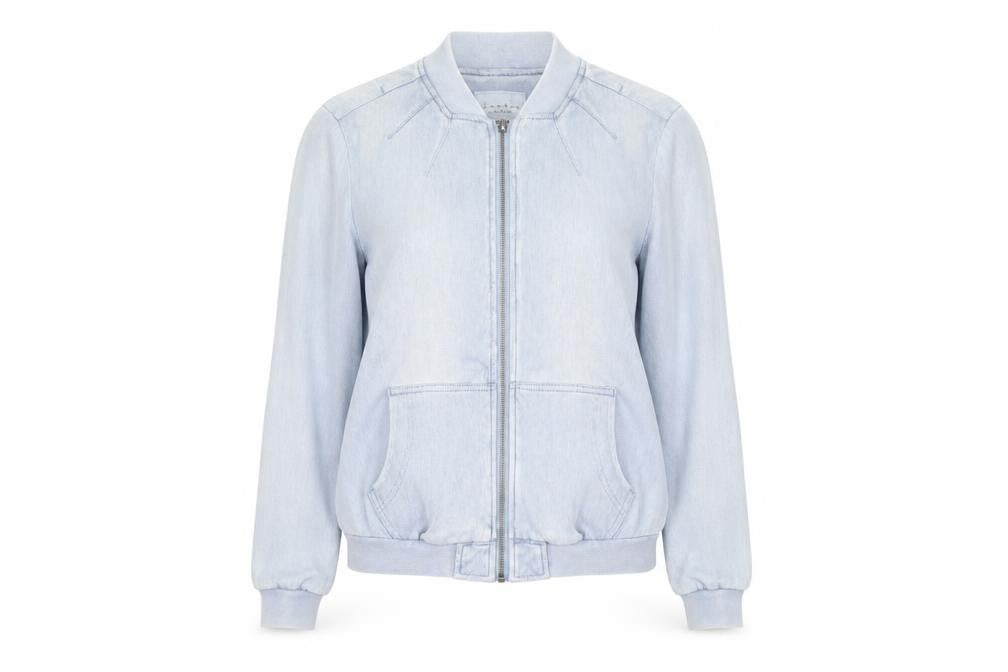 Front view of Chambray Los Angeles Women's Blue Bomber Jacket, size S