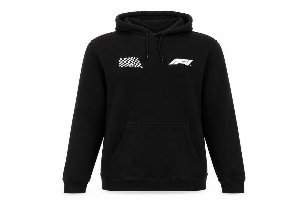 Front view of H&M unisex black graphic pullover hoodie medium