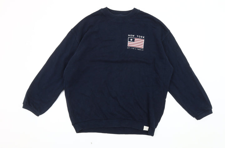 Pull&Bear Unisex Blue M Graphic Print Pullover Sweatshirt