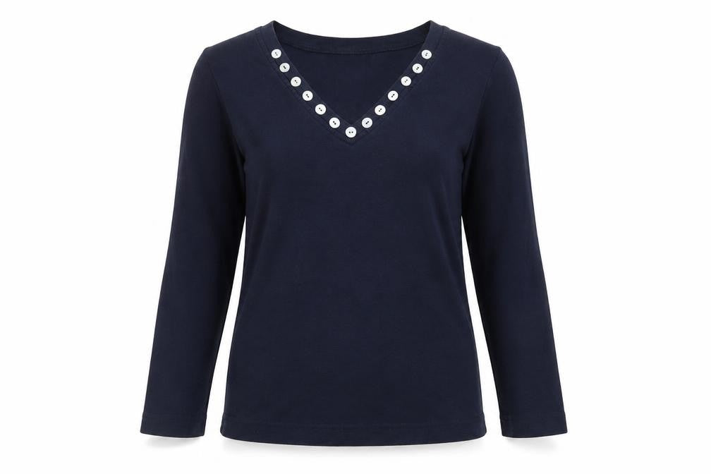 Front view of Adini Women's Blue V-Neck Long Sleeve Blouse