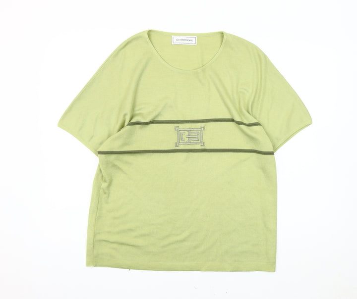La Confidence Women's Green Knit Top - M, Solid Crew Neck