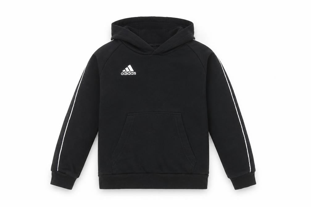 Front view of Adidas boys’ black pullover hoodie, xs, logo accent