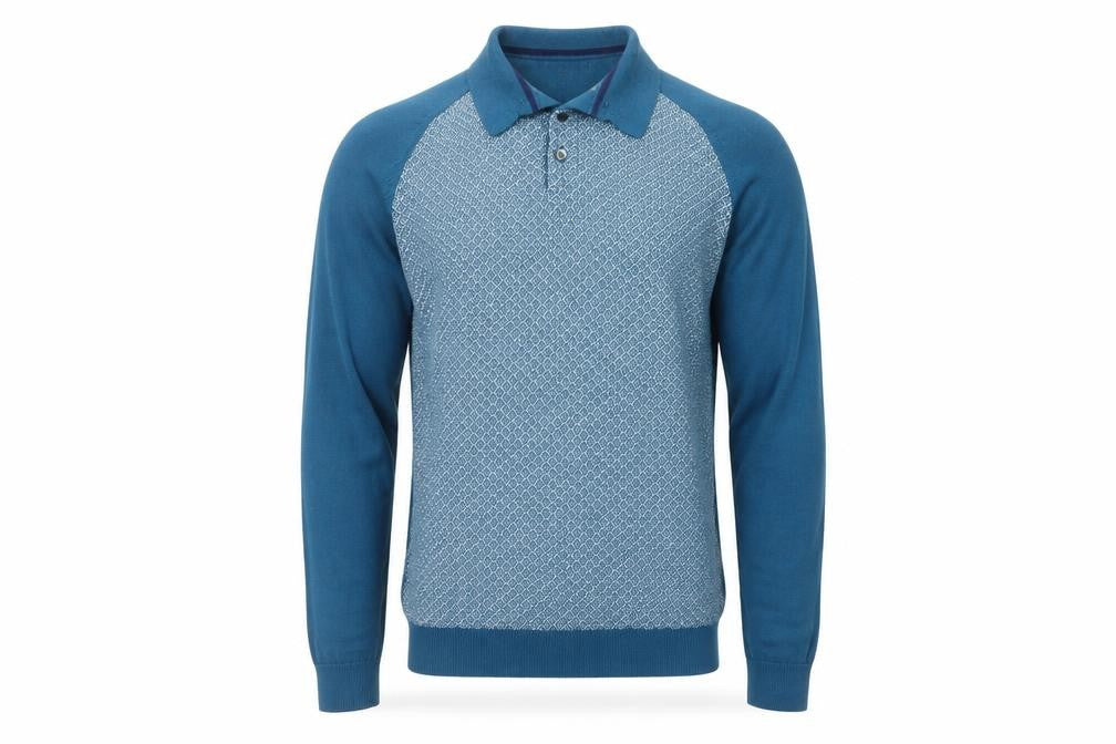 Front view of Next Men's Blue XS Henley Jumper, Geometric Pattern