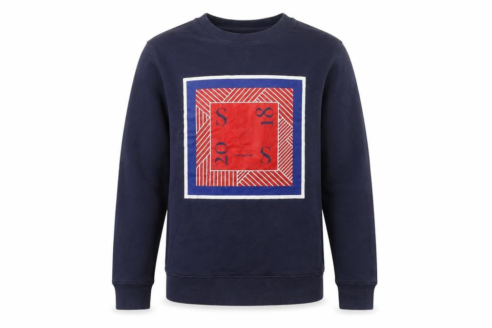 Front view of Self-Portrait Men's Blue Graphic Pullover Sweatshirt L
