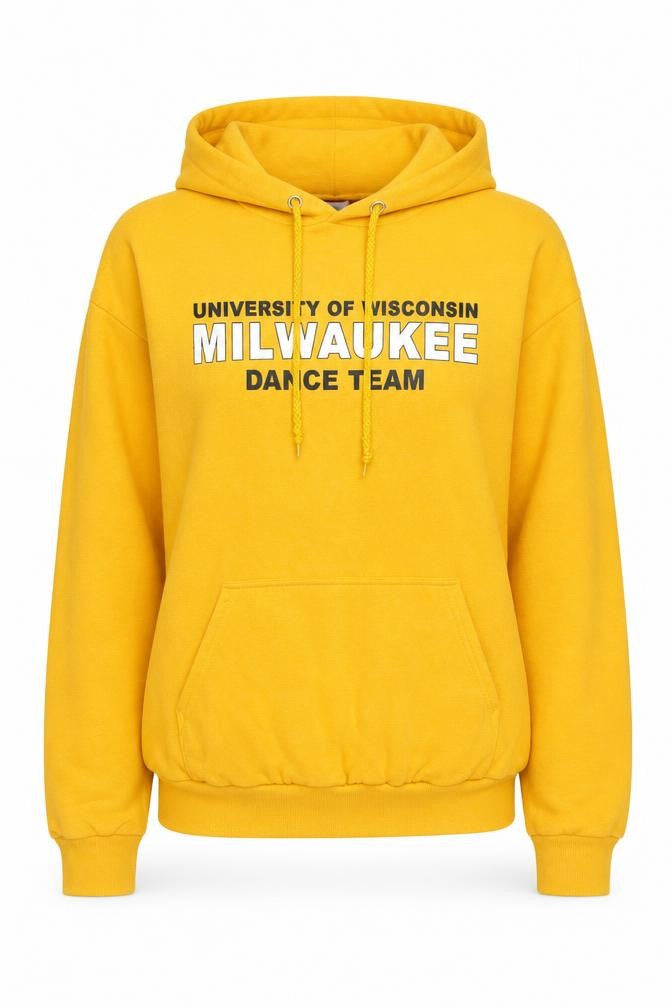 Front view of Champion unisex yellow pullover hoodie, size S