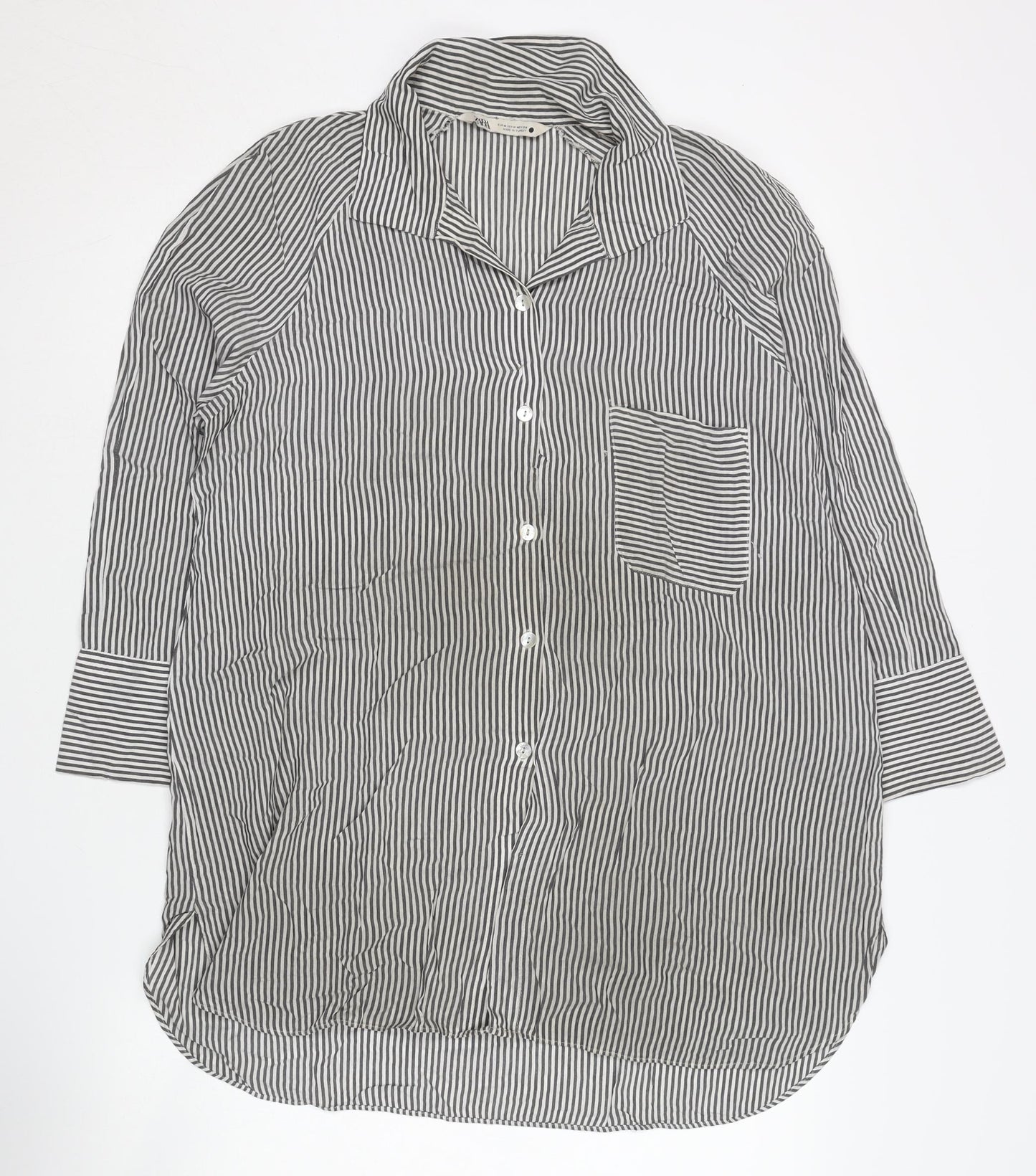 Zara Women's Striped Button-Up Shirt, Size 12, Black