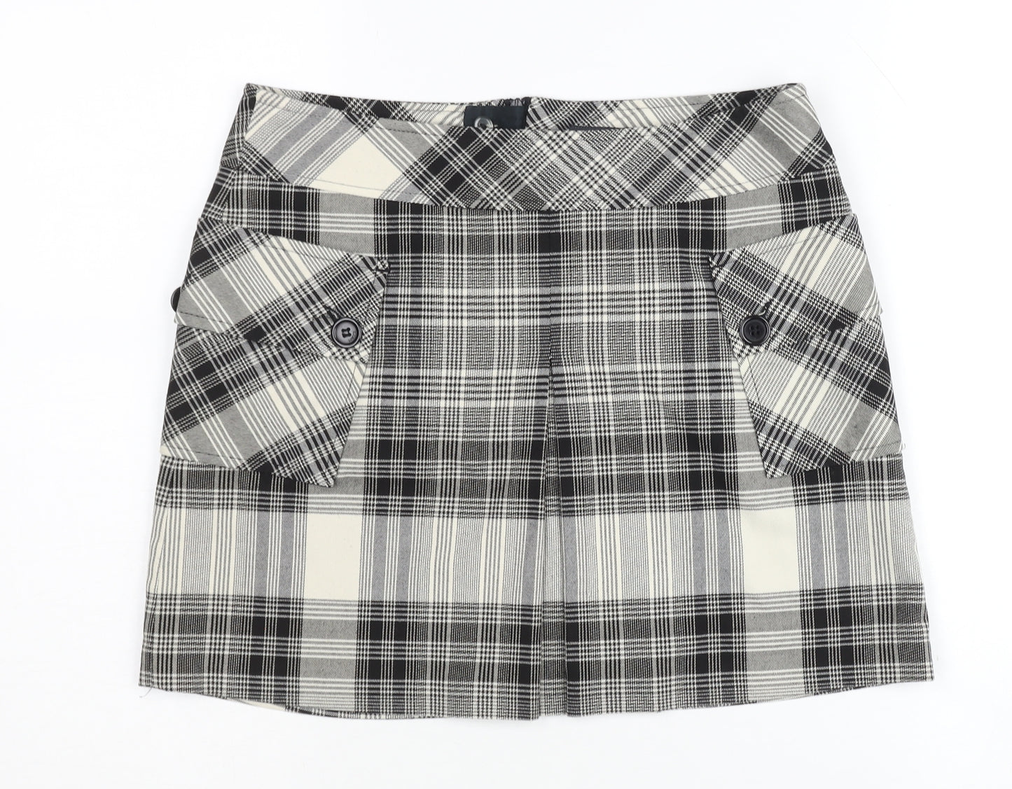 Mexx Women's Black Plaid Skirt, Size 10, Button Accents