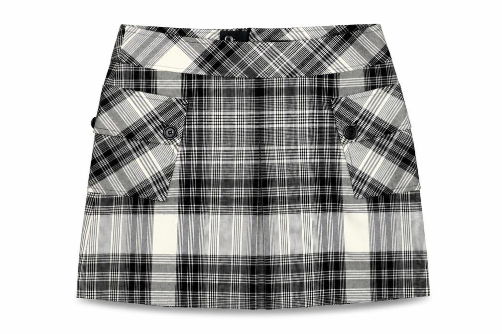 Front view of Mexx Women's Black Plaid Skirt, size 10, Button Accents