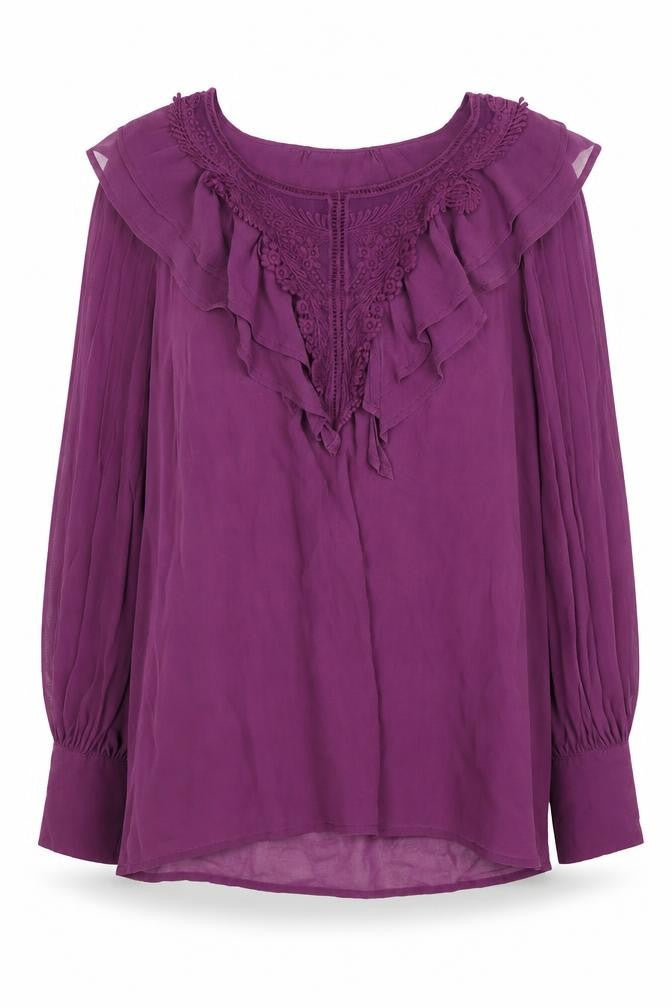 Front view of Warehouse Women's Purple Ruffle Tunic Blouse, size 14