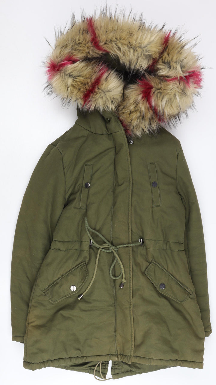 Redial Women's Green Parka Coat with Faux Fur Trim, Size S