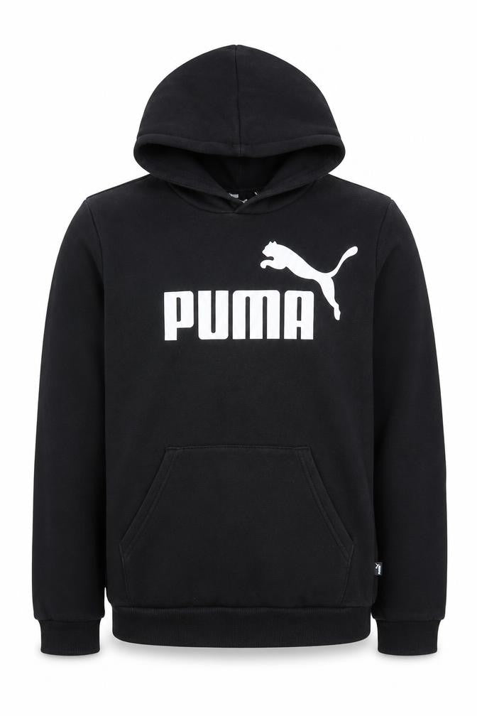 Front view of Puma boys’' black pullover hoodie xl with logo accent