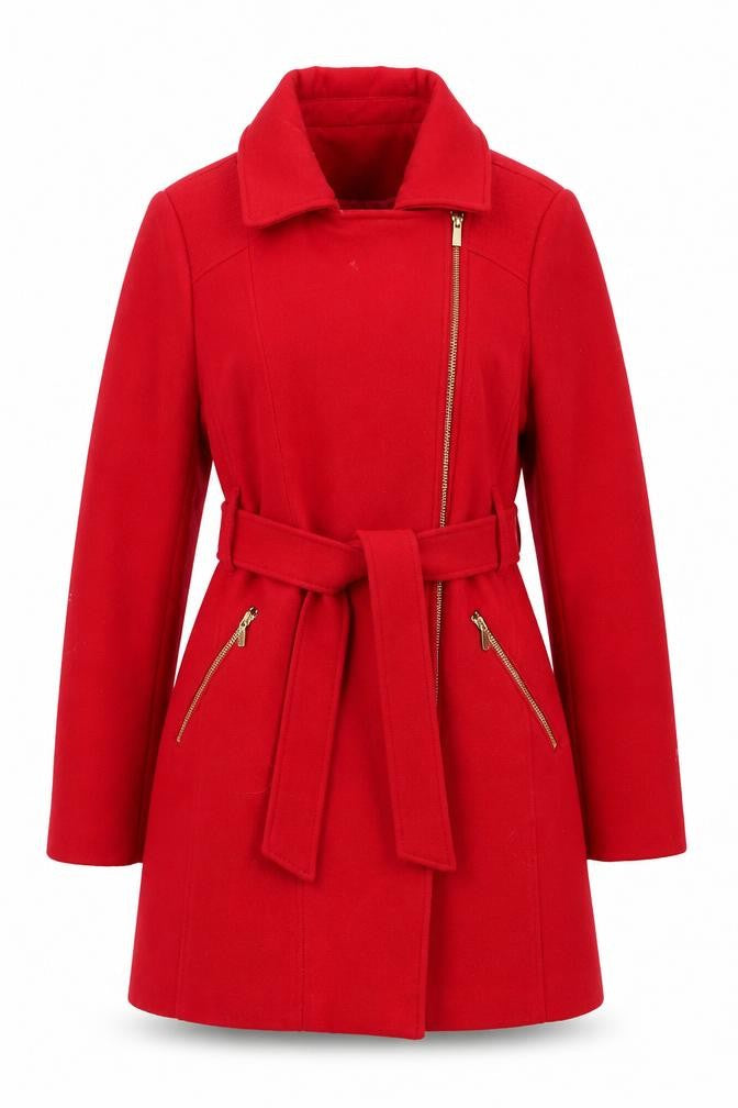 Front view of Liz Jordan Women's Red Belted Coat L, Zip Pockets