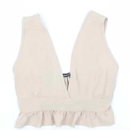 Boohoo Women's Beige V-Neck Ruffle Sleeveless Top