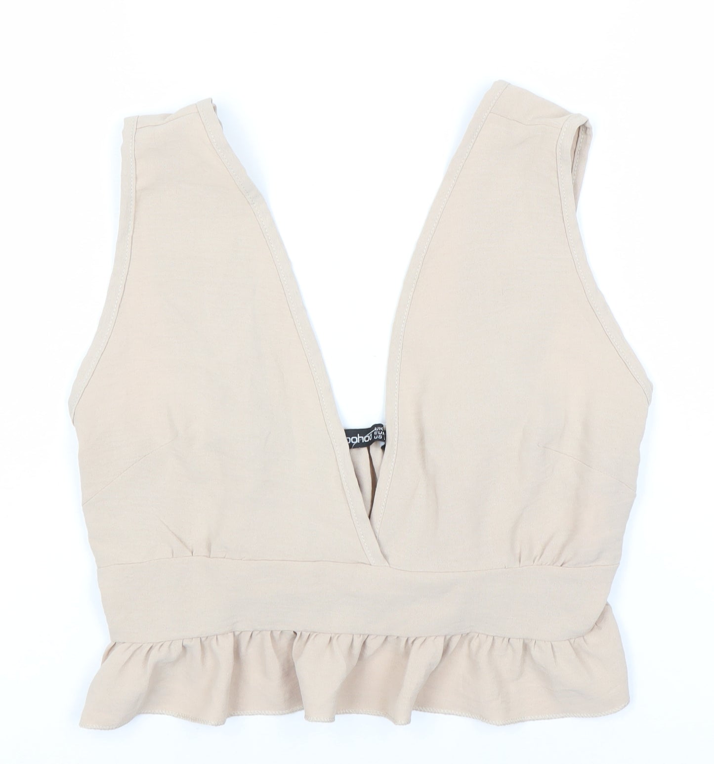 Boohoo Women's Beige V-Neck Ruffle Sleeveless Top