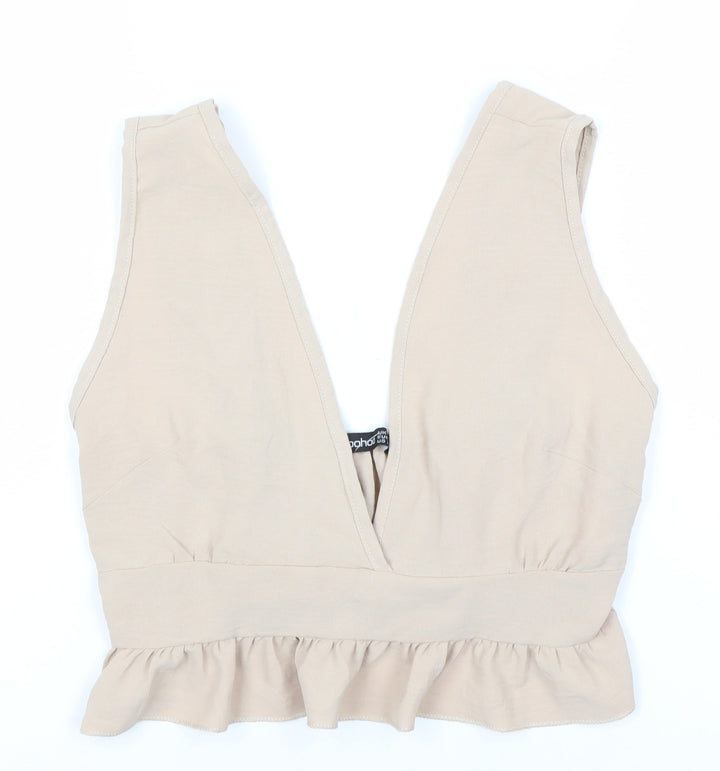Boohoo Women's Beige V-Neck Ruffle Sleeveless Top
