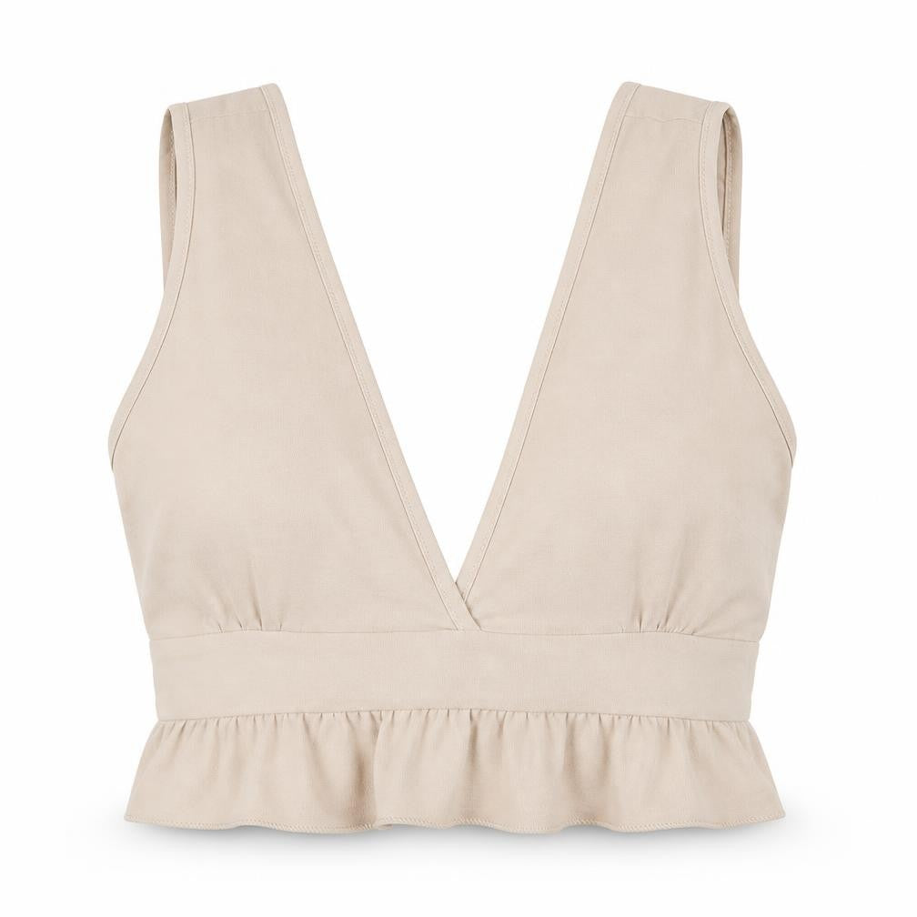 Front view of Boohoo Women's Beige V-Neck Ruffle Sleeveless Top