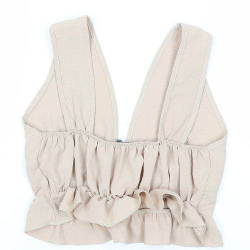 Boohoo Women's Beige V-Neck Ruffle Sleeveless Top