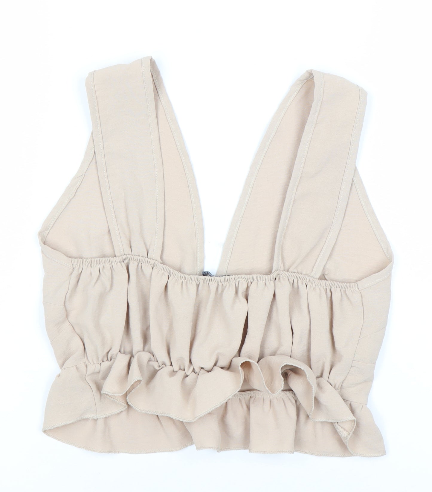Boohoo Women's Beige V-Neck Ruffle Sleeveless Top