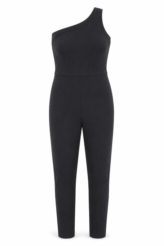Front view of PRETTYLITTLETHING Women's Black One Shoulder Jumpsuit, size 6