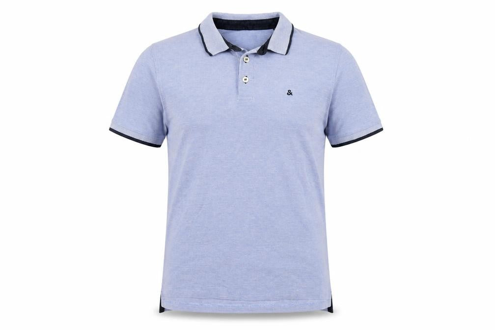 Front view of Jack & Jones men’s blue polo shirt, size S