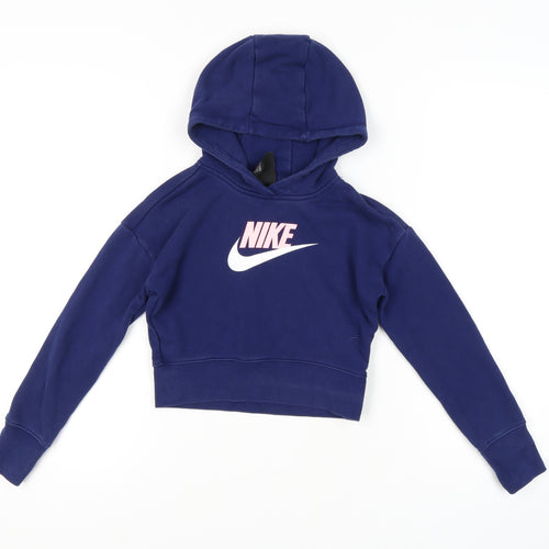 Nike Girls Blue Pullover Hoodie, S, Cotton Blend, Logo Accent