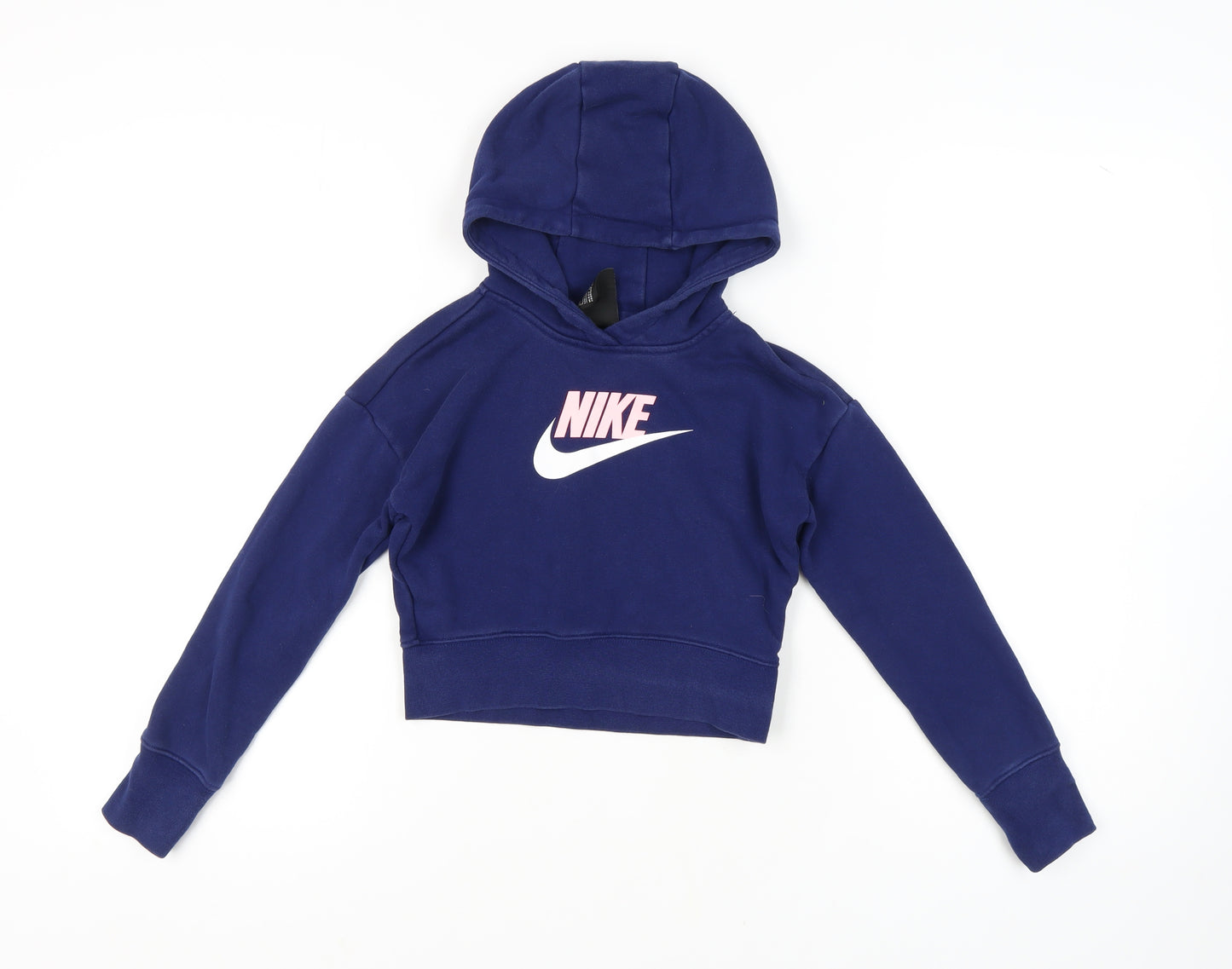 Nike Girls Blue Pullover Hoodie, S, Cotton Blend, Logo Accent