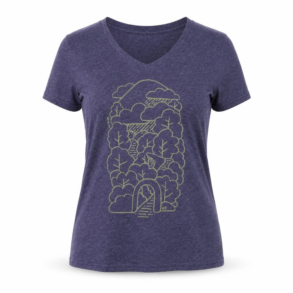 Front view of REI Women's Blue Graphic V-Neck T-Shirt -, size S