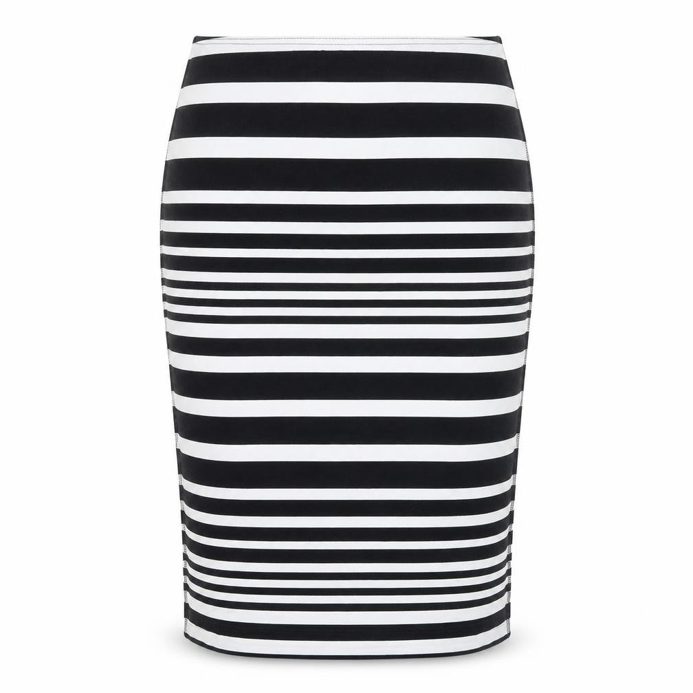 Front view of Sommer Mann Women's Black and White Striped Midi Skirt