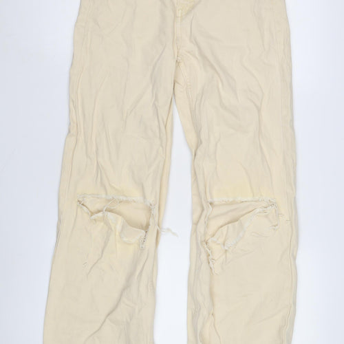 Bershka Women's Beige Wide-Leg Distressed Jeans Size 10