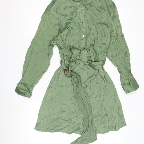 Zara Women's Green Collared Shirt Dress L