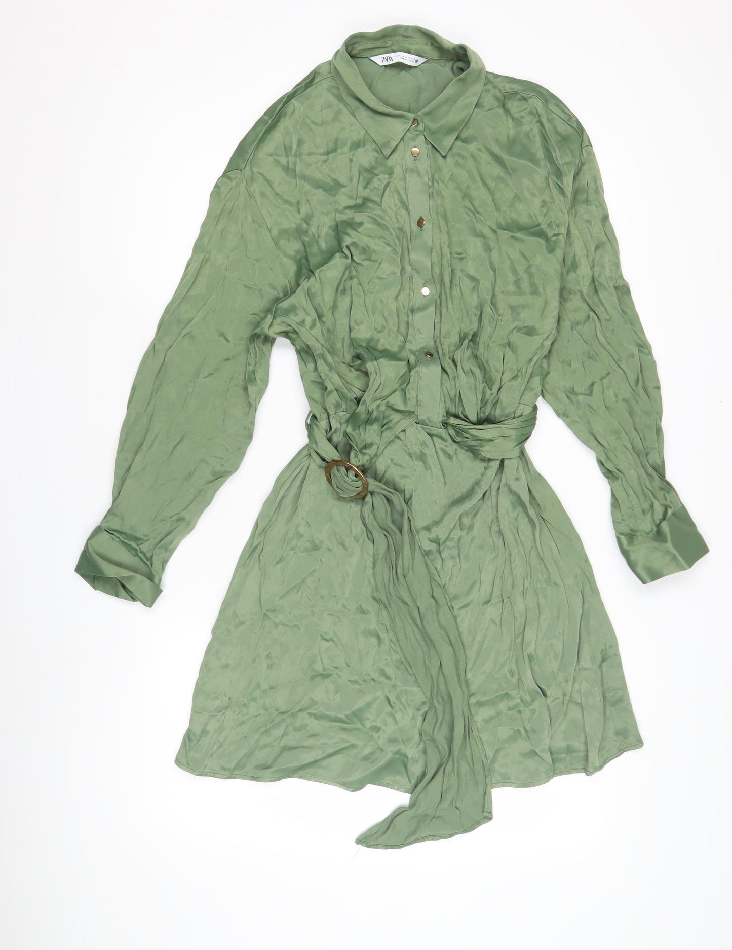 Zara Women's Green Collared Shirt Dress L