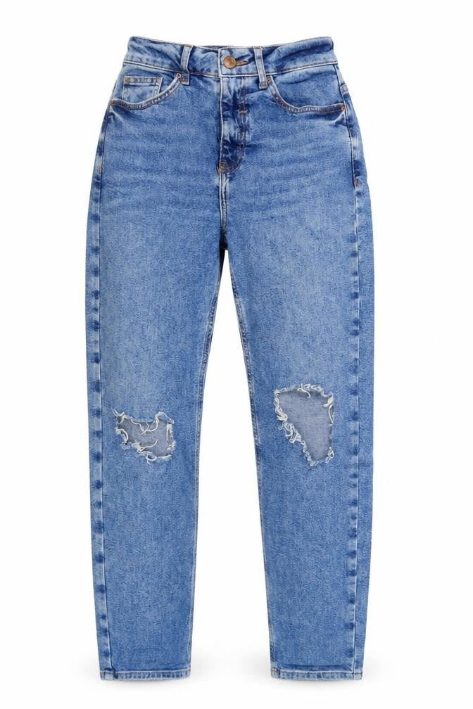 Front view of New Look Women's Blue Mom Jeans, size 8, Distressed Relaxed