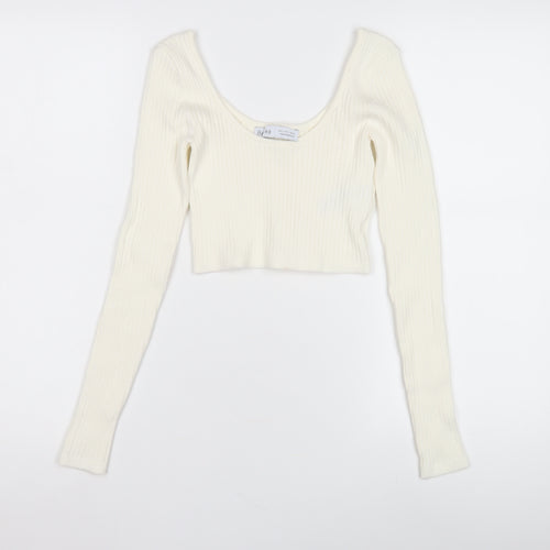 Bershka Women Ivory Scoop Neck Pullover Jumper UK 10