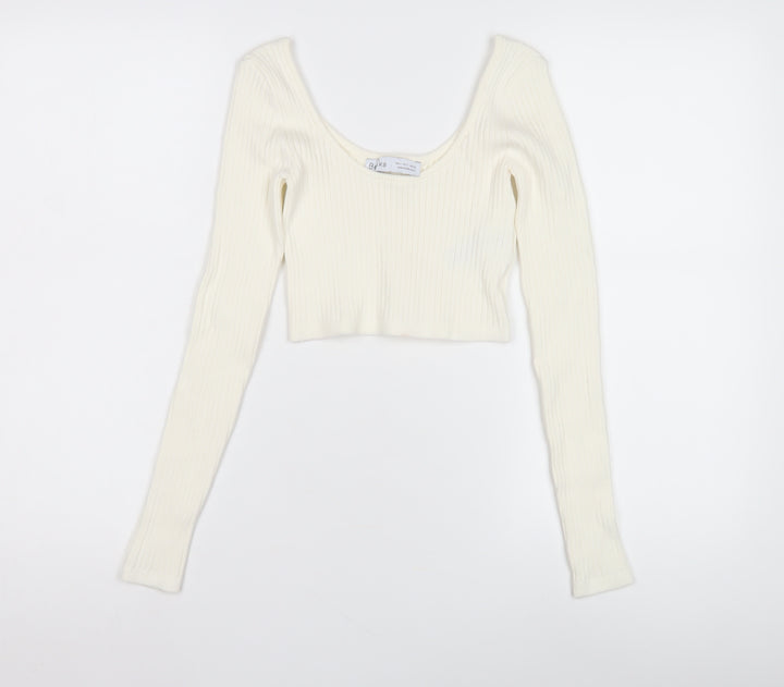 Bershka Women Ivory Scoop Neck Pullover Jumper UK 10